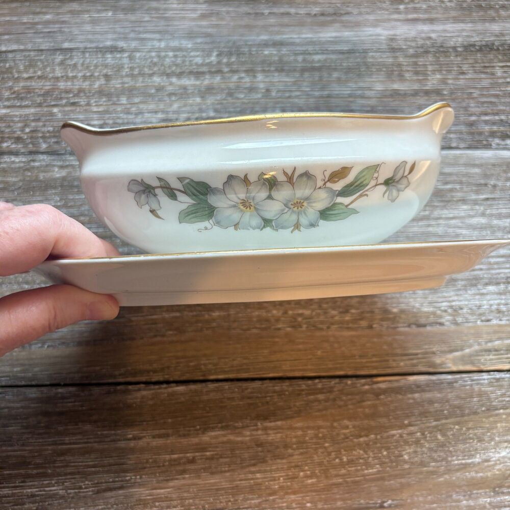 Vintage Royal Jackson Arlington Gravy Boat Attached Underplate Dogwoods Floral